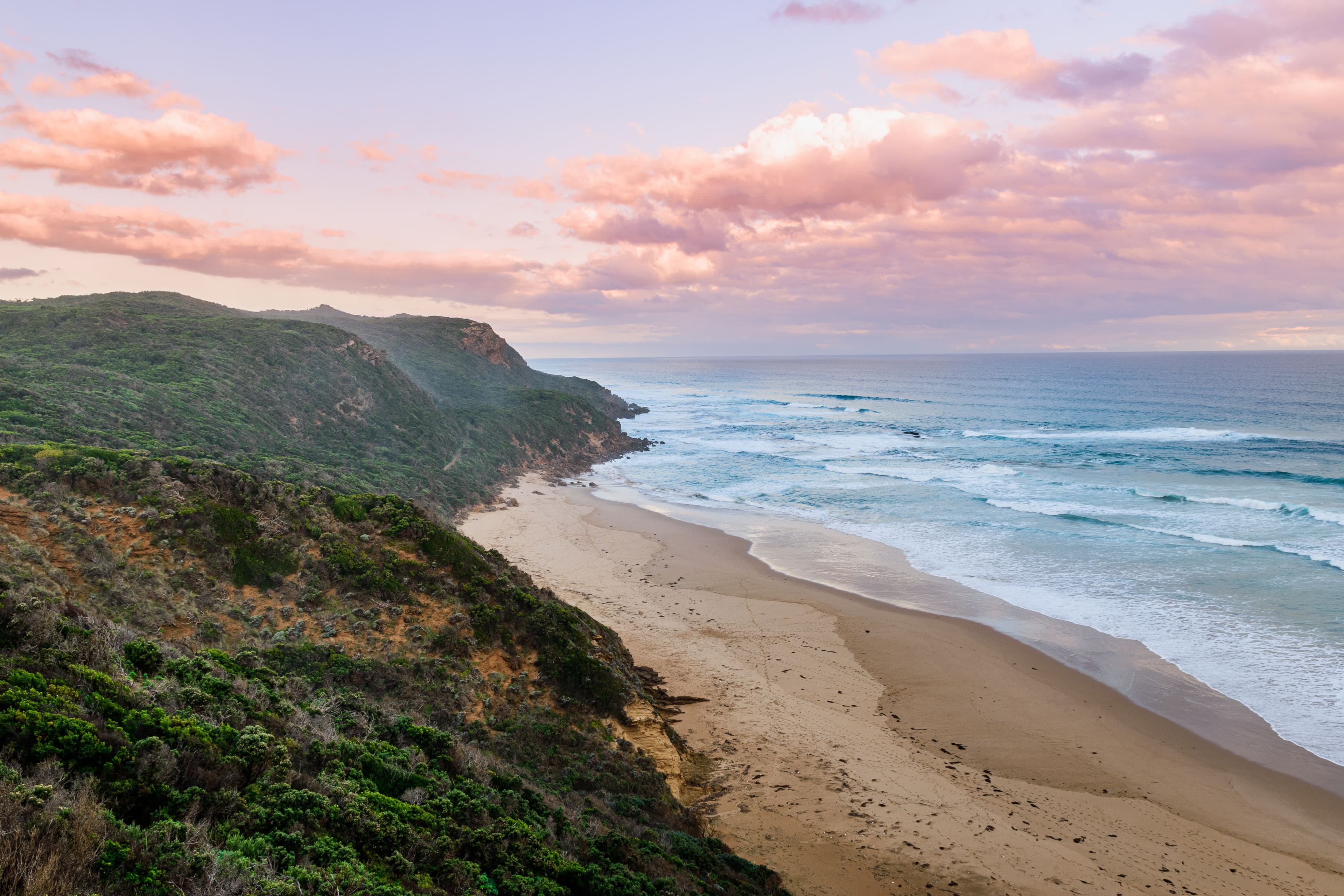 Cotton candy skies over the golden sands along the Great Ocean Road