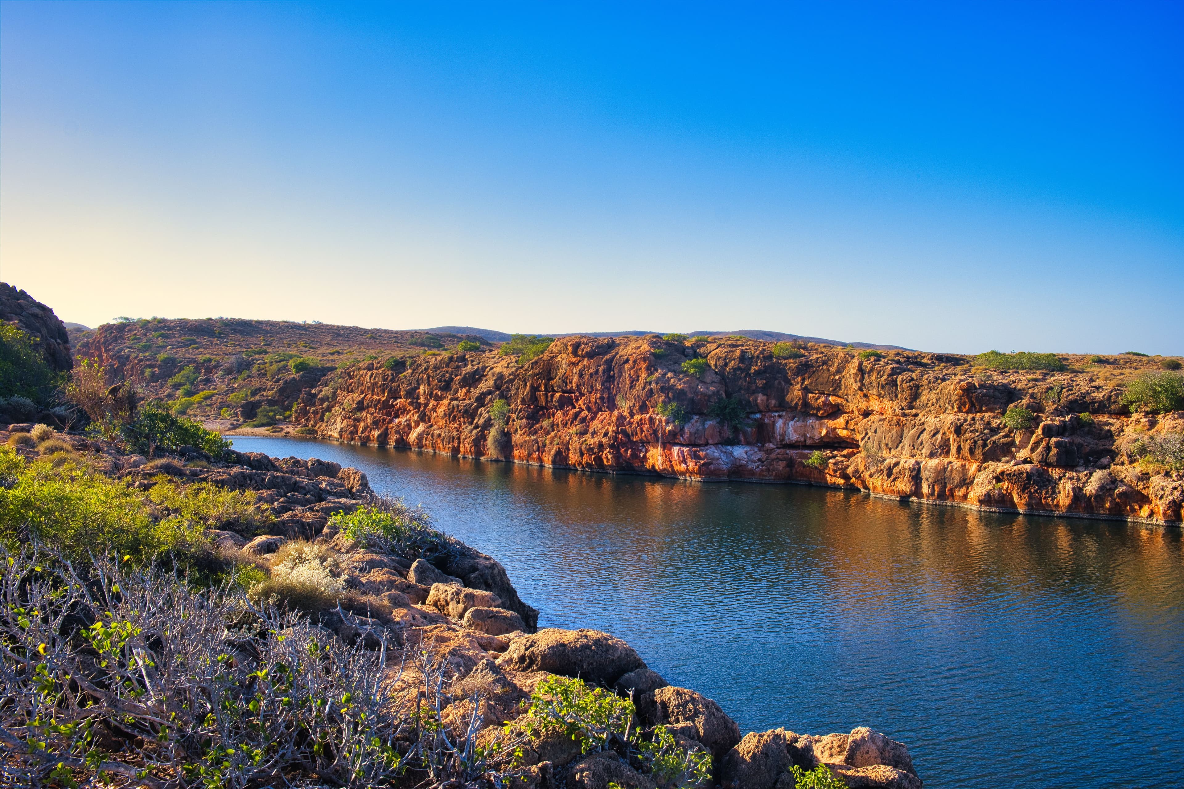 he steep, red rock walls of Yardie Creek Gorge rise dramatically on either side of the tranquil creek, surrounded by lush greenery in Cape Range National Park