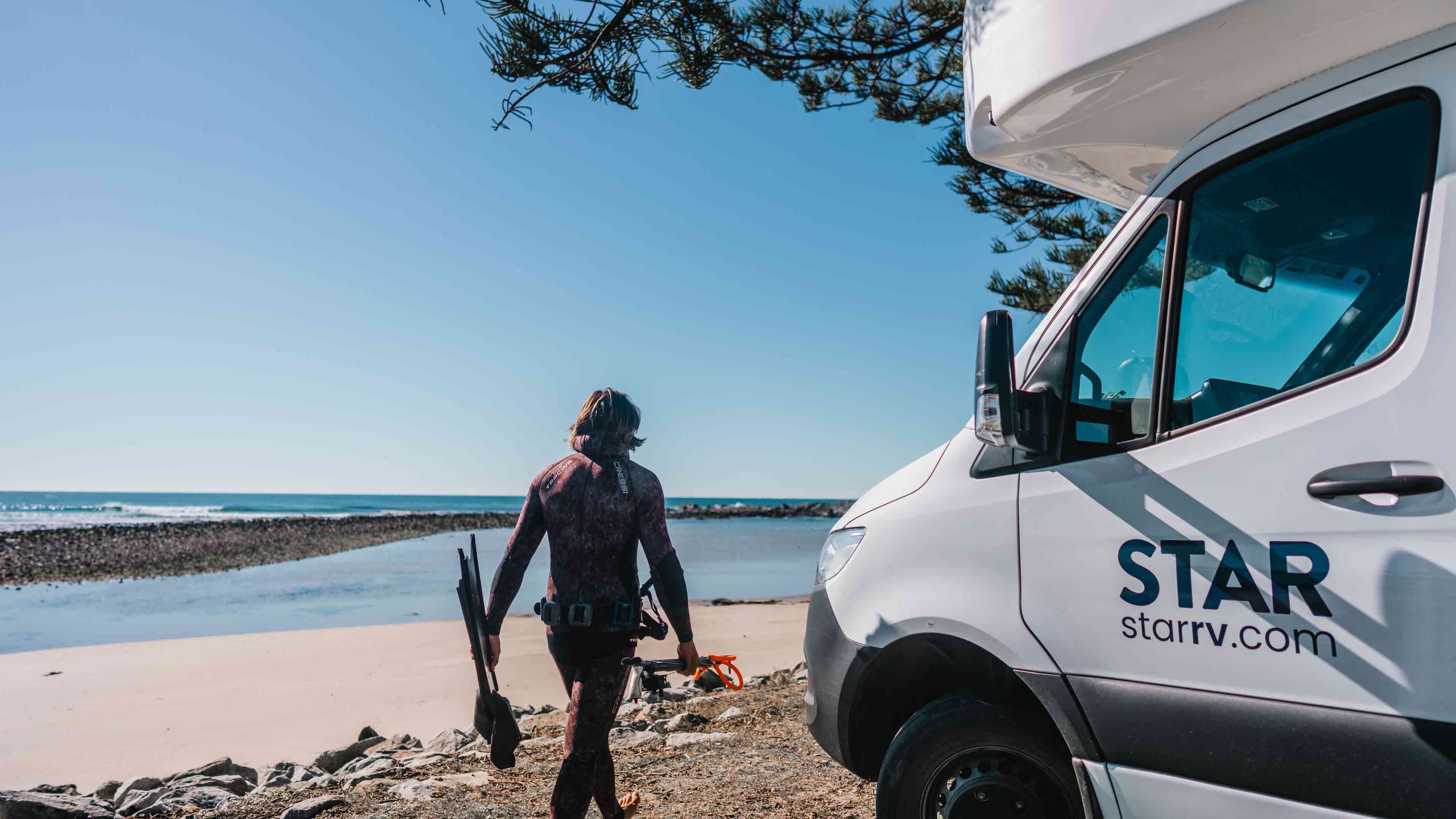 Diver in wetsuit by Star RV motorhome